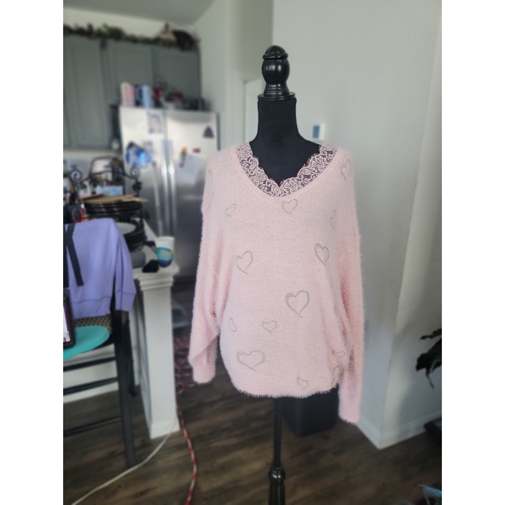 Shein Pink V-Neck Sweater with Heart Design